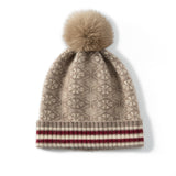 Fair Isle Beanie Winter Cashmere Hat with Fur Pom Knit Ski Hat