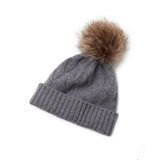 Cable Knit 100% Cashmere Beanie Hat with Fur Pom Pom