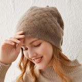 100% Pure Cashmere Drawstring Basket Knit Beanie – Adjustable Winter Hat for Women