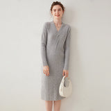 Women's V-neck Twisted Ribbed Wrap-Style Midi Sweater Dress
