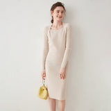 Ribbed Square-Neck Cashmere Women's Long Knitted Midi Dress