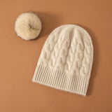 Women 100% Cashmere Beanie Soft Warm Hat with Fur Pom