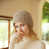 100% Pure Cashmere Flower Knit Beanie Hat for Women – Handmade Soft Winter Beanie
