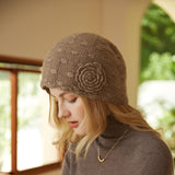 100% Pure Cashmere Flower Knit Beanie Hat for Women – Handmade Soft Winter Beanie