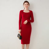 Ribbed Square-Neck Cashmere Women's Long Knitted Midi Dress