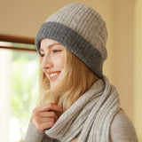 100% Cashmere Ribbed Knit Reversible Two-Tone Beanie Hat