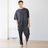 Men’s 22 Momme Mulberry Silk Henley Neck Pajama Set – Short Sleeve Silk Sleepwear