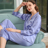 Classic Women Silk Pajama Set Long Sleeve Button Down Silk Pajamas