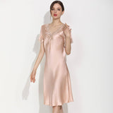 Women Silk Nightgown With Lace V-Neck Long Silk Nightdress