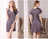 Women V Neck Silk Nightgown With Lace Short Sleeves Silk Chemise
