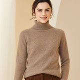 Women's Cashmere Turtleneck Textured Chevron Knit Sweater