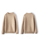 Classic Crew Neck Pullover Cashmere Wool Cable Knit Sweater