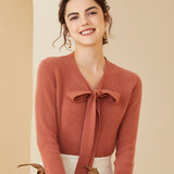 Women's Bow Tie Neck Cashmere Wool V Neck Knit Top Sweater