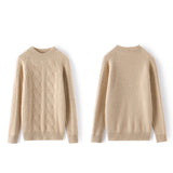 Women's Crew Neck Cable Knit Cashmere Wool Top Sweater