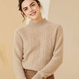 Mock Neck Cable Knit Texture Cashmere Wool Sweater for Women