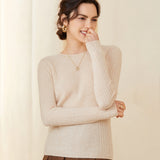 Crew Neck Soft Knit Pullover Slim Ribbed Cashmere Sweater