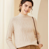 Loose Geometric Cable Knit Warm Mock Neck Cashmere Wool Sweater
