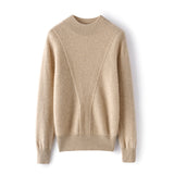 Mock Neck Ribbed V-panel Design Cashmere Sweater for Women