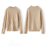 Warm Mock Neck Geometric Cable Knit Cashmere Wool Sweater