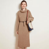 Women's Soft Knit Turtleneck Cashmere Wool Sweater Midi Dress