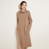 Women's Soft Knit Turtleneck Cashmere Wool Sweater Midi Dress