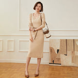 Women's  Long V Neck Cashmere Sweater Soft Knit Midi Dress