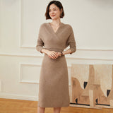 Women's Ribbed Knit Long Wrap Cashmere Sweater Midi Dress