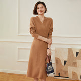 Women's Ribbed Knit Long Wrap Cashmere Sweater Midi Dress