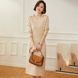 Collared V-Neck Cashmere Wool Sweater Lapel Dress for Women