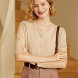 Women 100% Pure Cashmere Cardigan Button Front Short Sleeve Crew Neck Cashmere Cardigan